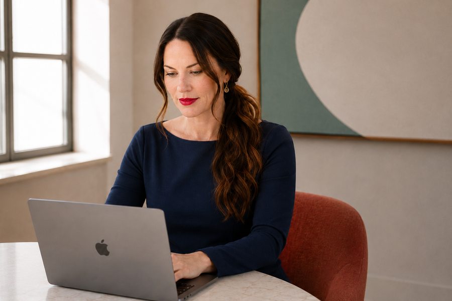 Erin Sutley working at a laptop by a window